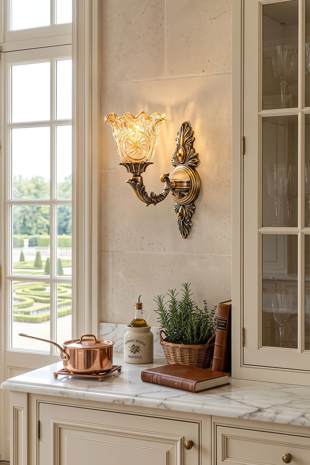 Sylvestre Petal Glass Brass Wall Lamp elegantly illuminating a kitchen space with vintage decor.
