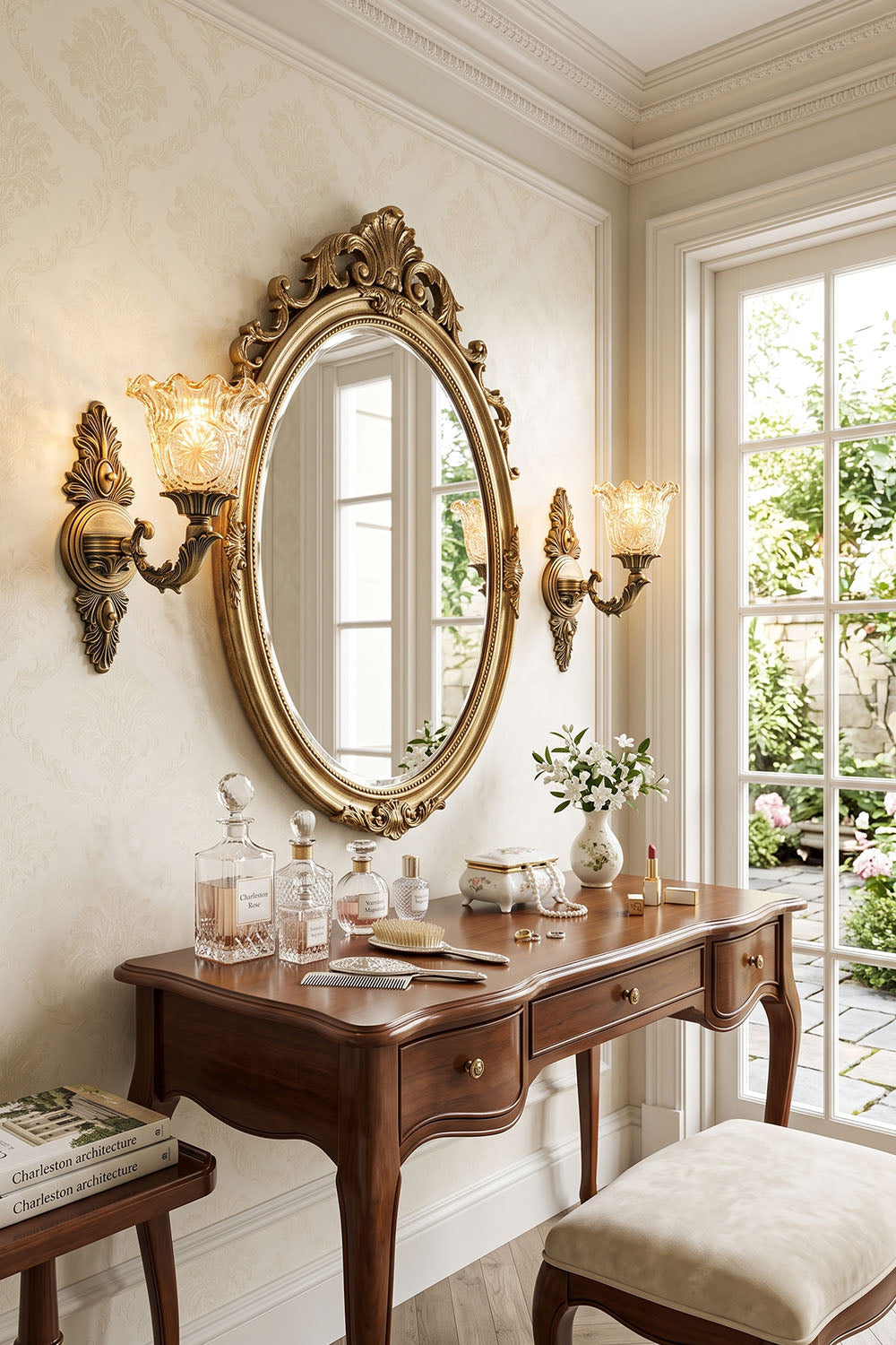 Sylvestre Petal Glass Brass Wall Lamp illuminating a vintage wooden vanity with a mirror and flowers.