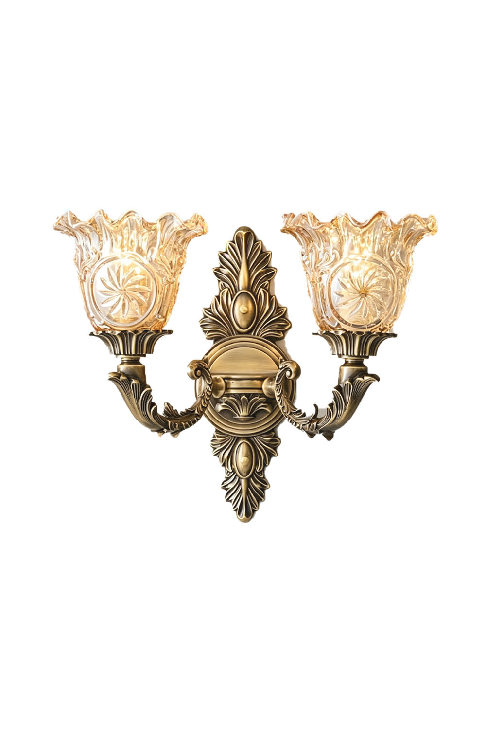 Sylvestre Petal Glass Brass Wall Lamp with ornate design and elegant glass shades, perfect for stylish lighting.