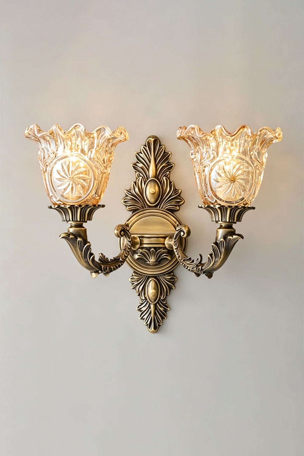 Sylvestre Petal Glass Brass Wall Lamp featuring ornate design and elegant glass shades, ideal for enhancing home décor.