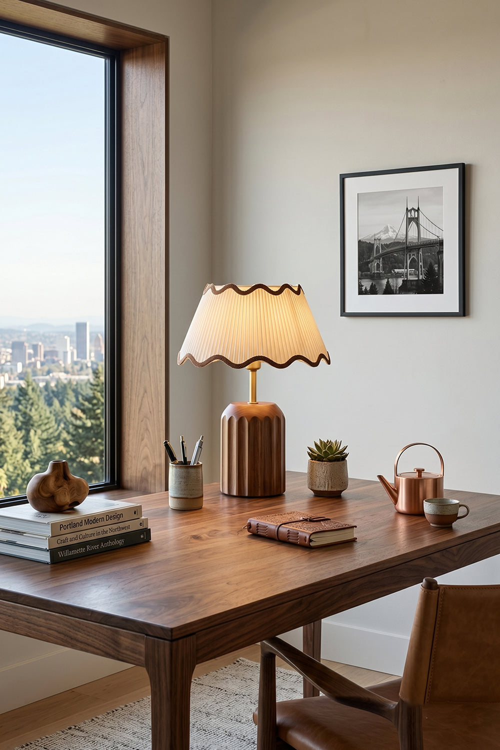 Tallulah Ribbed Wood Table Lamp | Wood, Fabric, Brass | Set on a large wooden study table near a window with a scenic outdoor view in a modern minimalist room | Samu Lamp