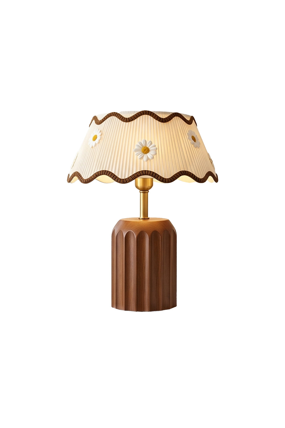 Tallulah Ribbed Wood Table Lamp | Wood, Fabric, Brass | Isolated on a clean white background showcasing its scalloped pleated shade with daisy accents and fluted wooden base | Samu Lamp
