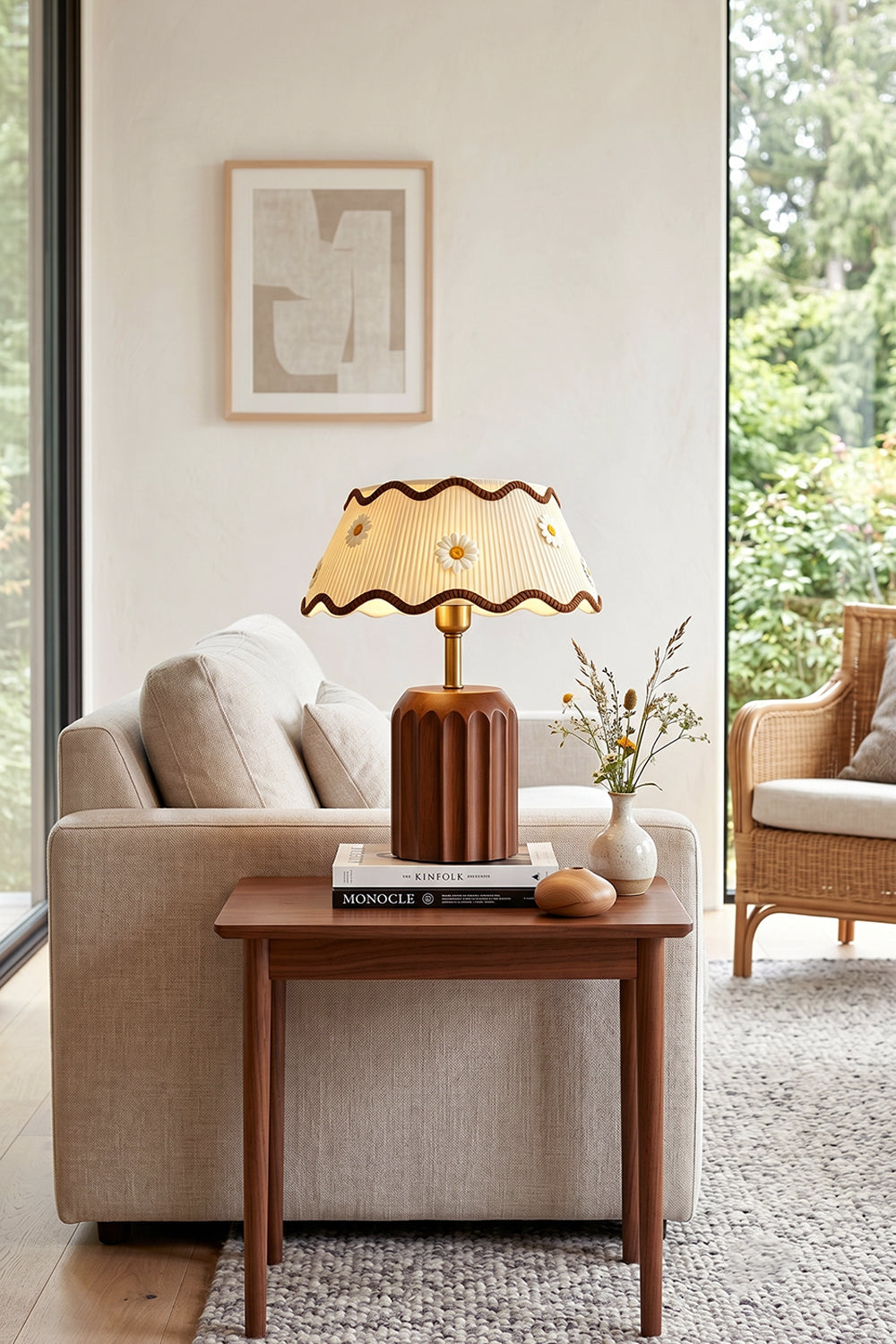 Tallulah Ribbed Wood Table Lamp | Wood, Fabric, Brass | Placed on a small end table next to a comfortable beige sofa in a contemporary living room | Samu Lamp