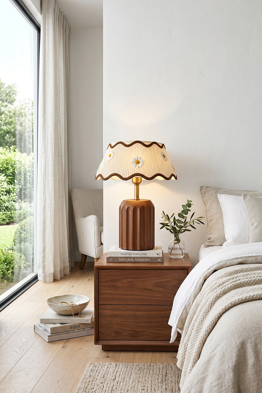 Tallulah Ribbed Wood Table Lamp | Wood, Fabric, Brass | Styled on a dark wooden nightstand as a cozy bedside lamp in a bright bedroom with neutral linen bedding | Samu Lamp