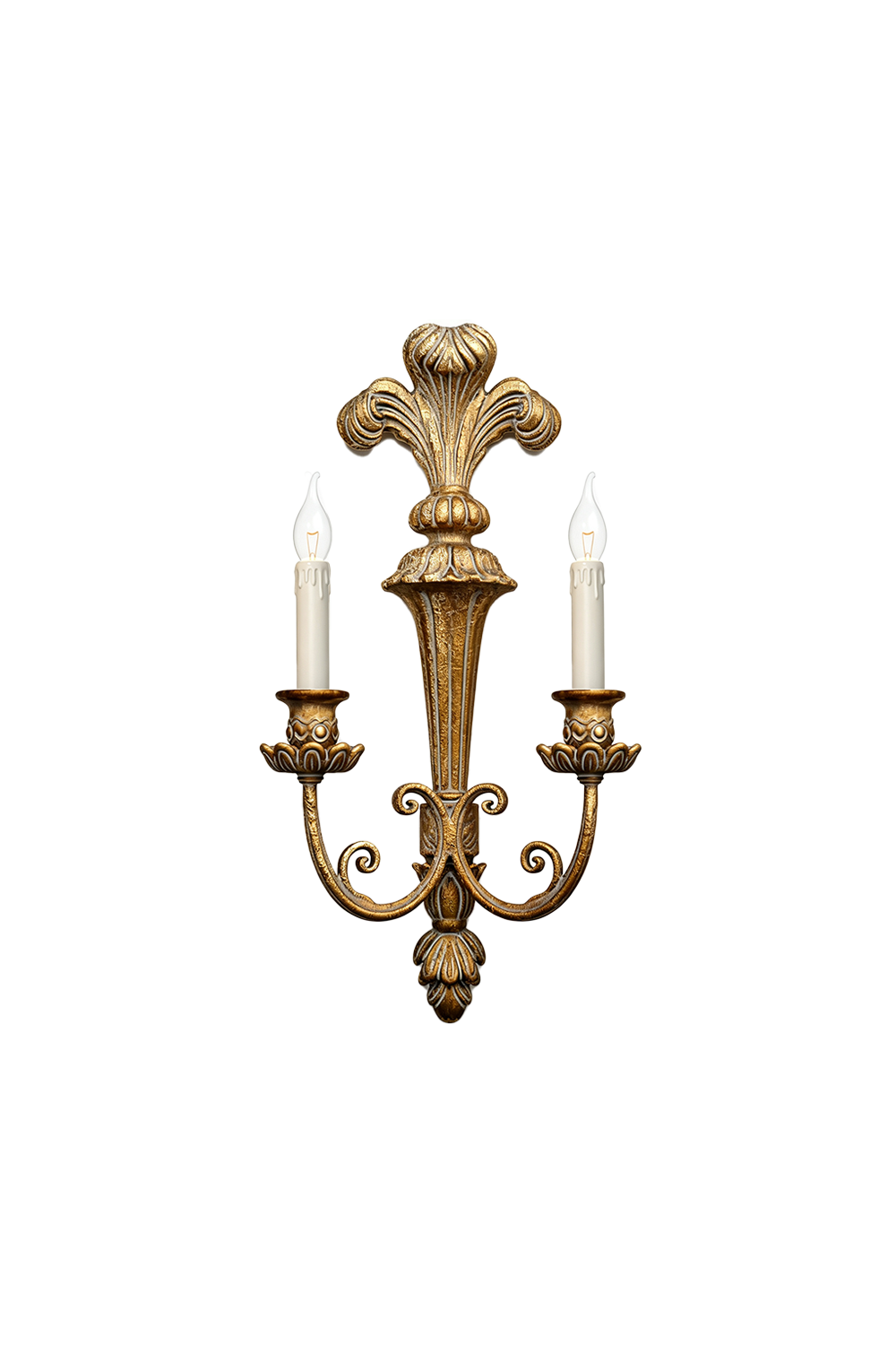 Tamsin Carved Plume Candle Wall Lamp | Carved Resin and Brass | Front full view on a pure white background, unlit | Samu Lamp