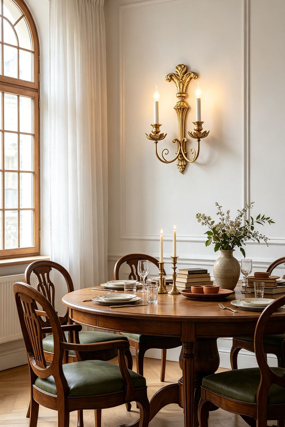 Tamsin Carved Plume Candle Wall Lamp | Carved Resin and Brass | Mounted on a wall in a classic dining room with a round wooden table | Samu Lamp