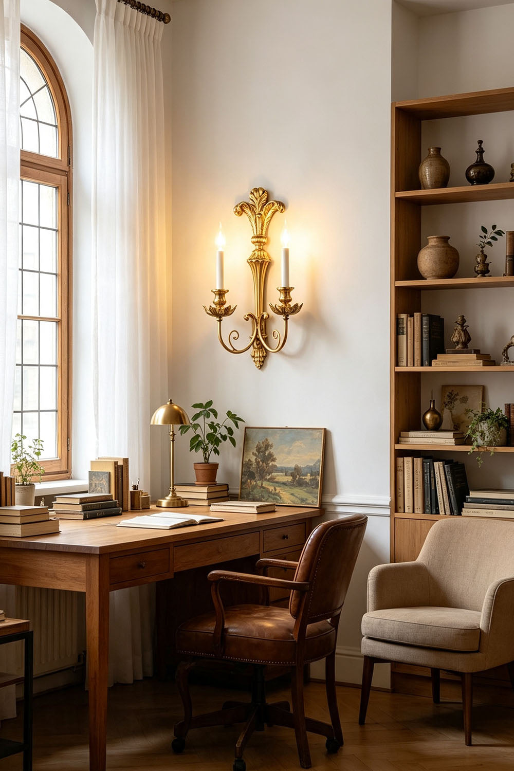 Tamsin Carved Plume Candle Wall Lamp | Carved Resin and Brass | Illuminating a home office space near a wooden desk and arched window | Samu Lamp