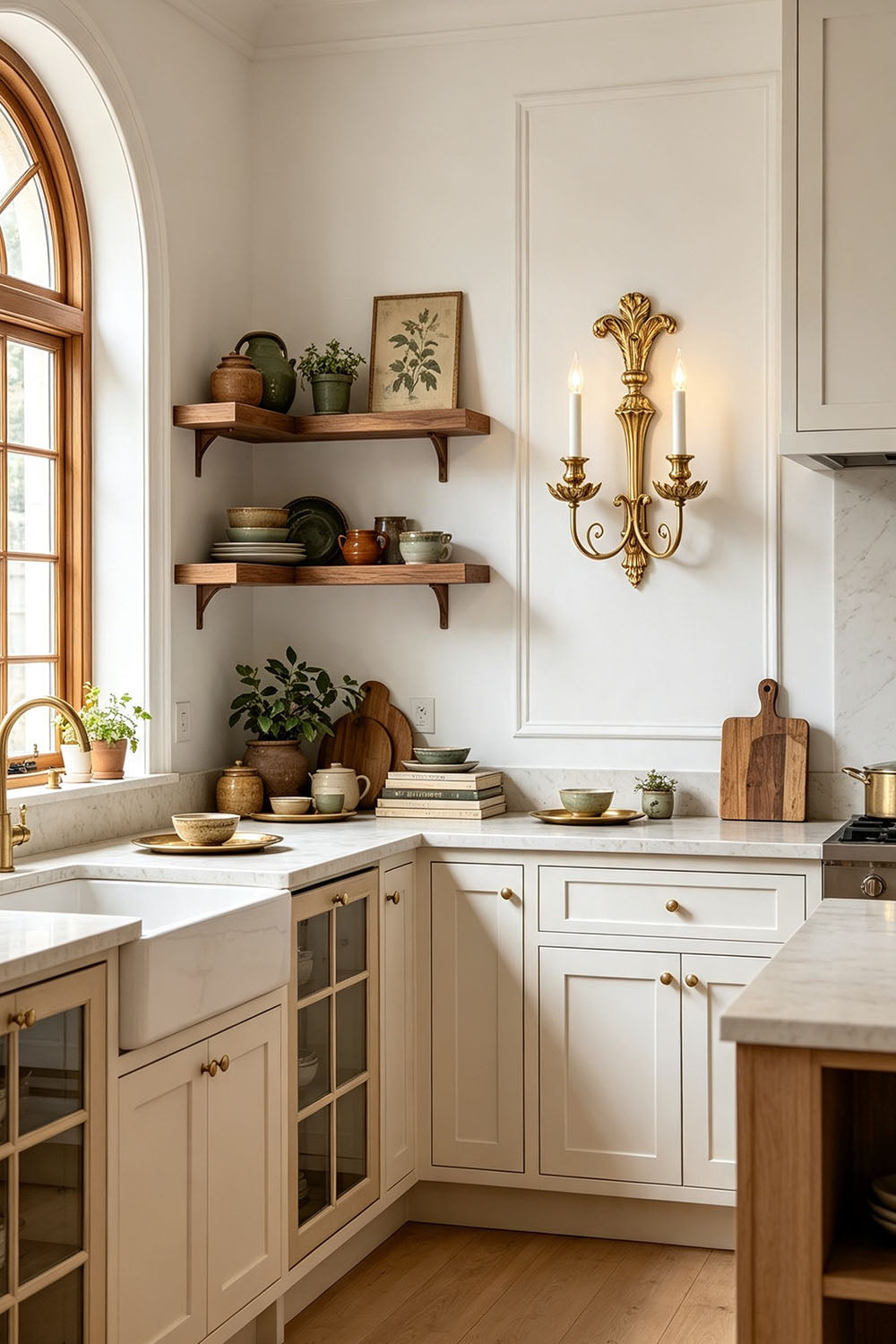 Tamsin Carved Plume Candle Wall Lamp | Carved Resin and Brass | Enhancing a classic kitchen wall near open wooden shelves and cabinets | Samu Lamp