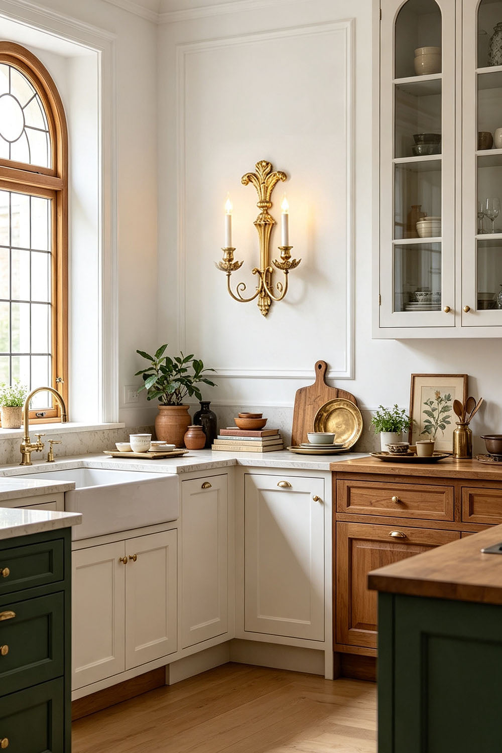Tamsin Carved Plume Candle Wall Lamp | Carved Resin and Brass | Styled on a white wall in a rustic kitchen above the counter area | Samu Lamp