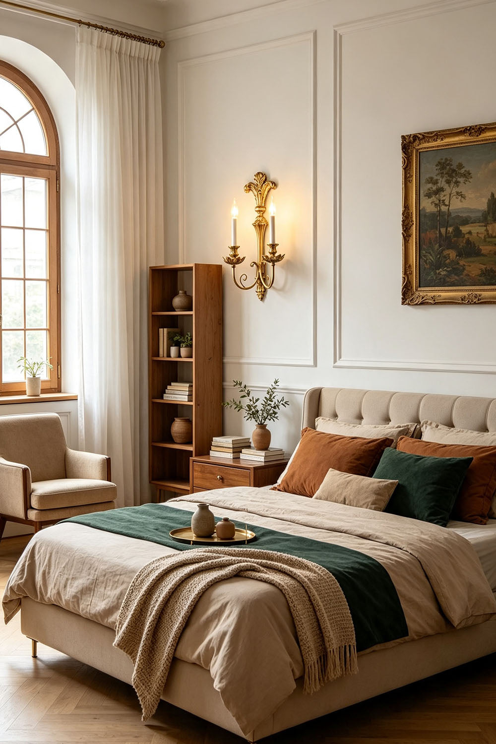 Tamsin Carved Plume Candle Wall Lamp | Carved Resin and Brass | Displayed on a bedroom wall beside a comfortable bed and nightstand | Samu Lamp