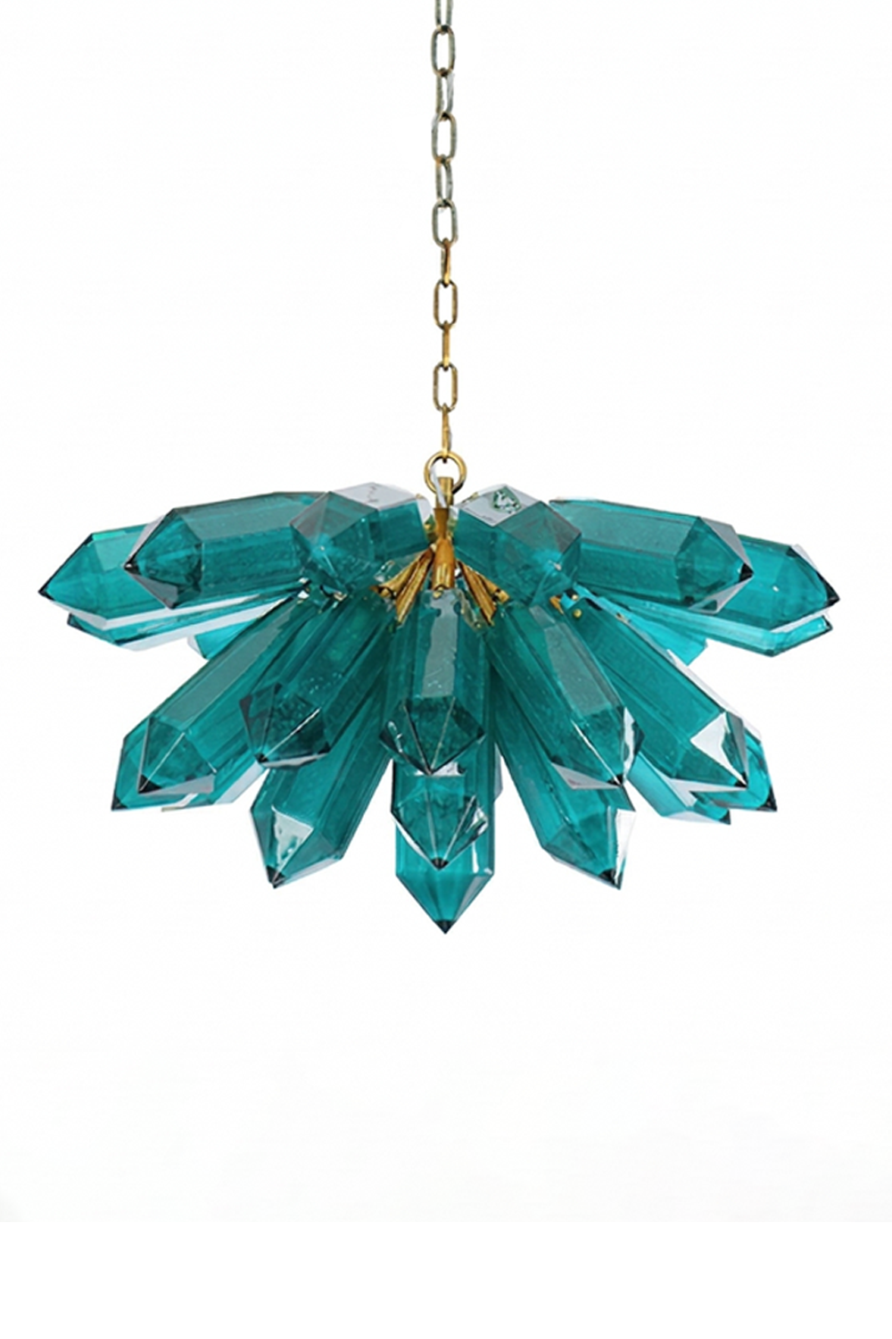 Cluster of teal glass prism crystals with gold chain | Metal | Glass | Front view isolated on white background | Samu Lamp