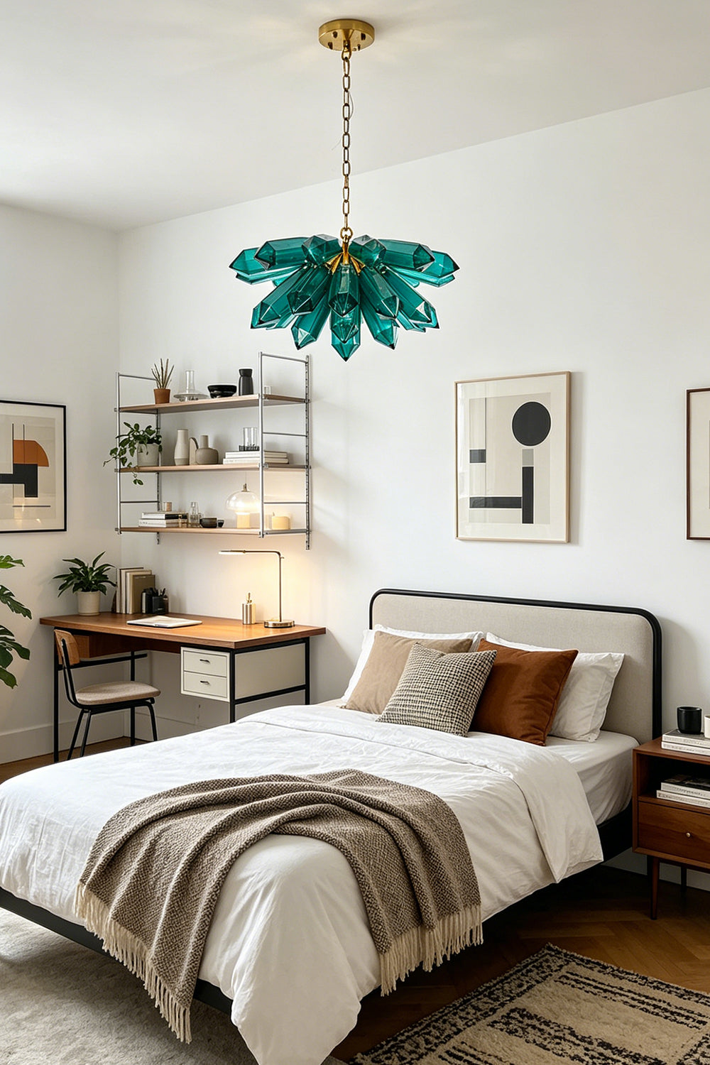 Teal gemstone-inspired cluster chandelier | Metal | Glass | Installed in a modern bedroom over a bed | Samu Lamp