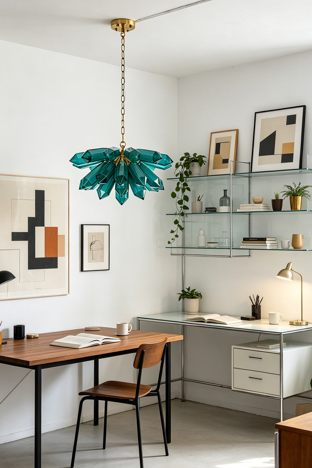 Teal prism cluster chandelier for workspace | Metal | Glass | Installed in a contemporary study with desk and shelving | Samu Lamp