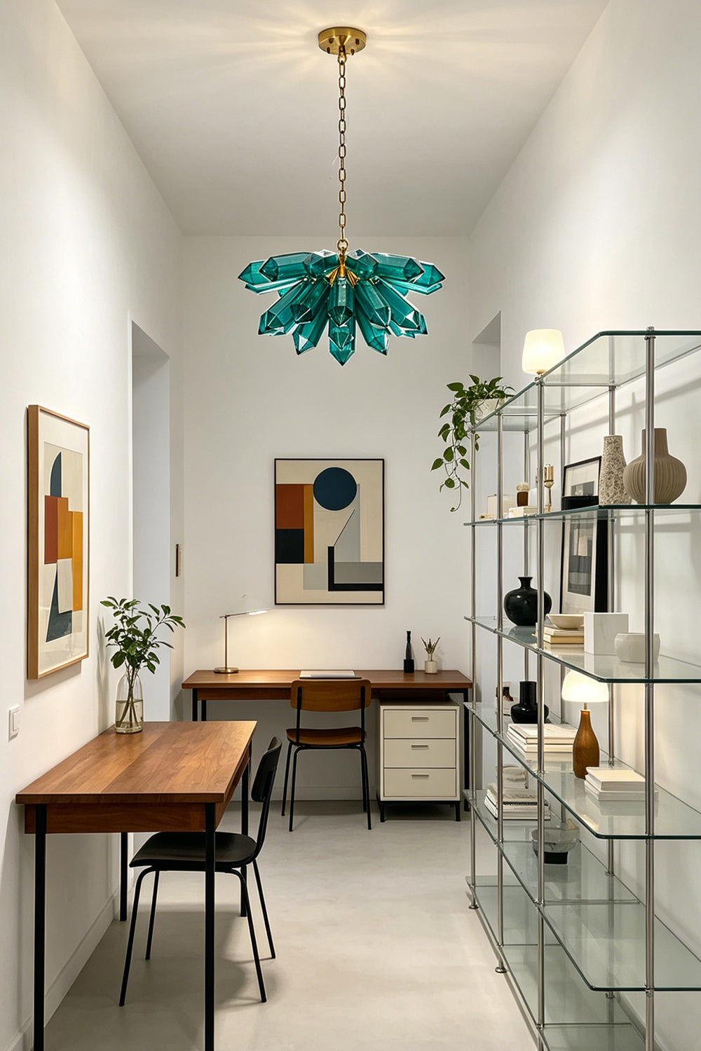 Vibrant teal glass cluster chandelier | Metal | Glass | Centered in a long workspace area with a wooden desk | Samu Lamp