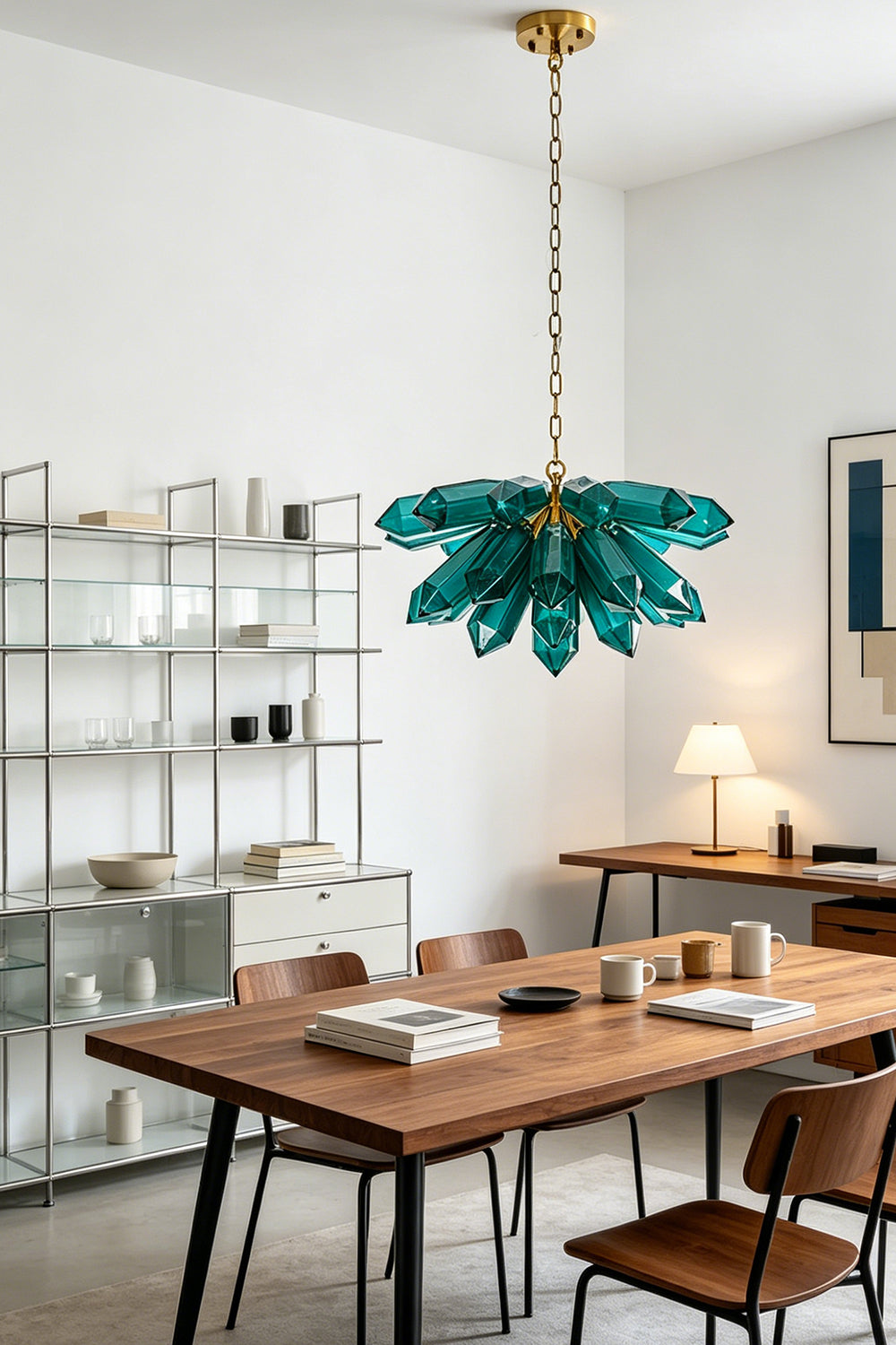 Modern teal prism cluster pendant | Metal | Glass | Dining room setting with white shelving and wooden table | Samu Lamp