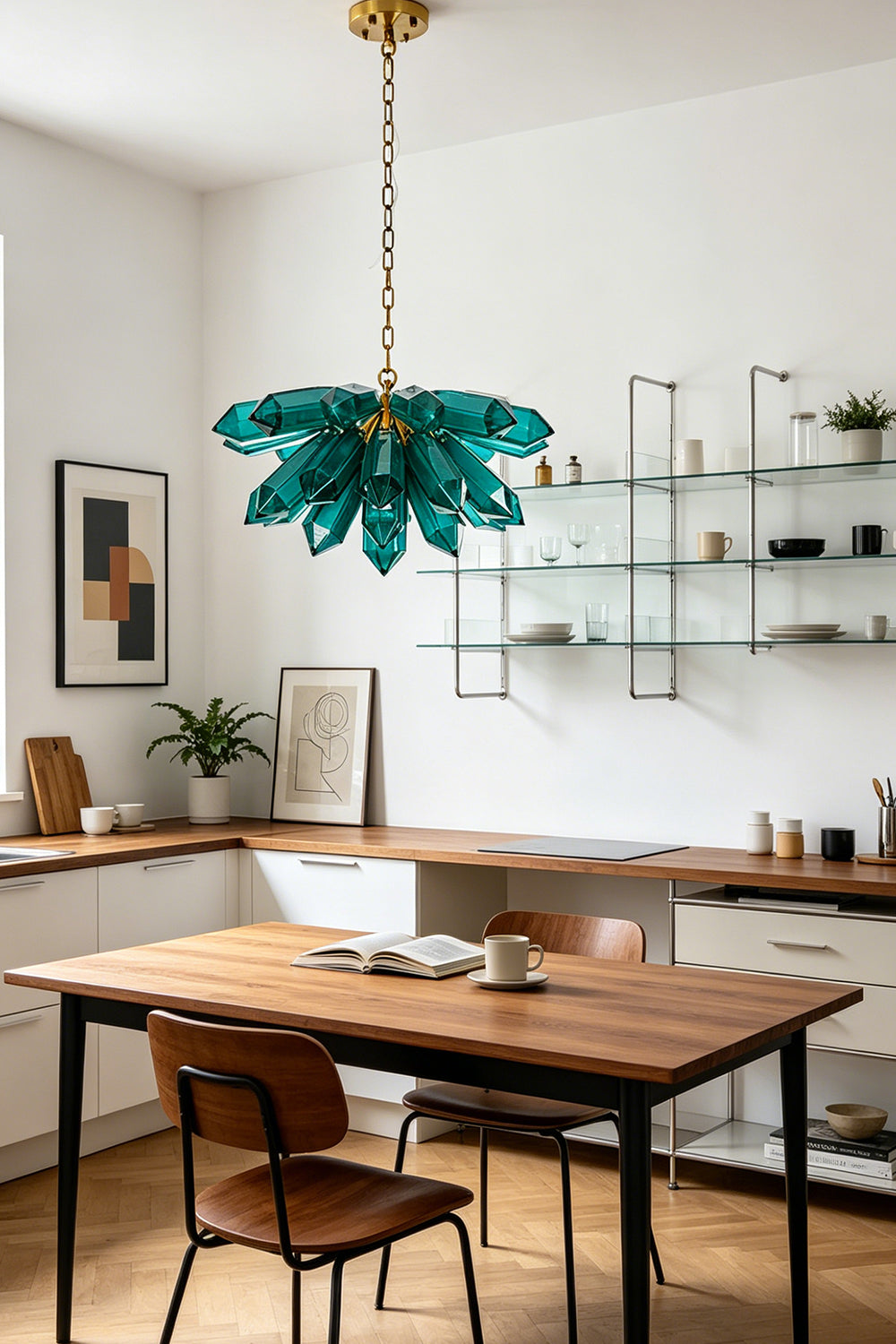 Teal crystal-like cluster chandelier | Metal | Glass | Installed in a kitchen or studio with white cabinets | Samu Lamp