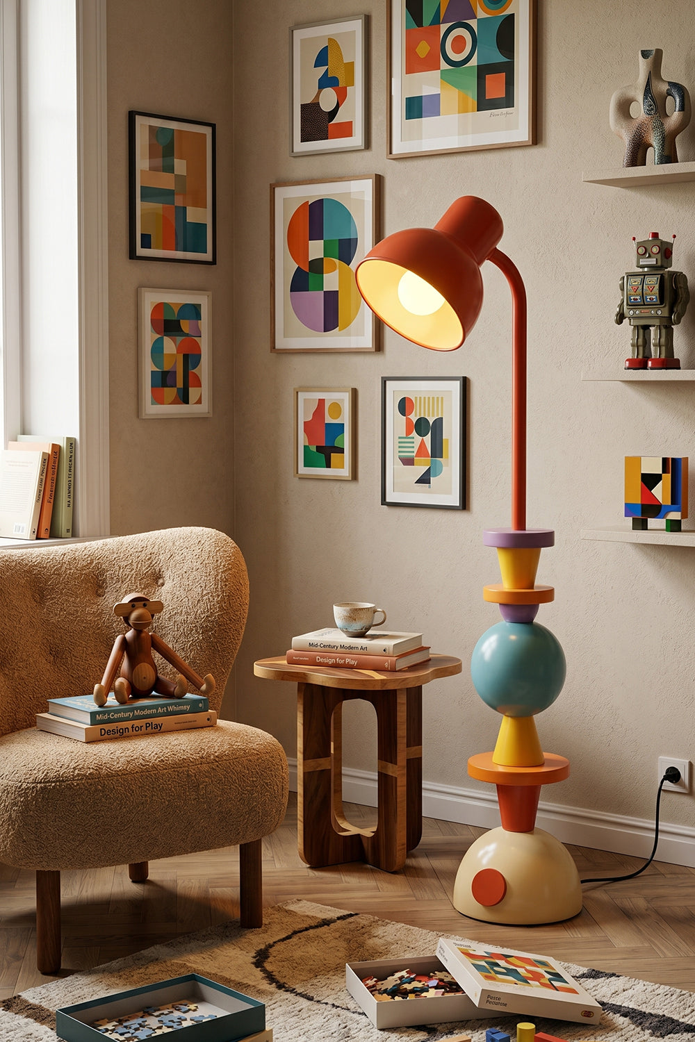Tectonic Prism Metal Floor Lamp | Metal | Set against a gallery wall with colorful abstract art and a beige armchair | Samu Lamp