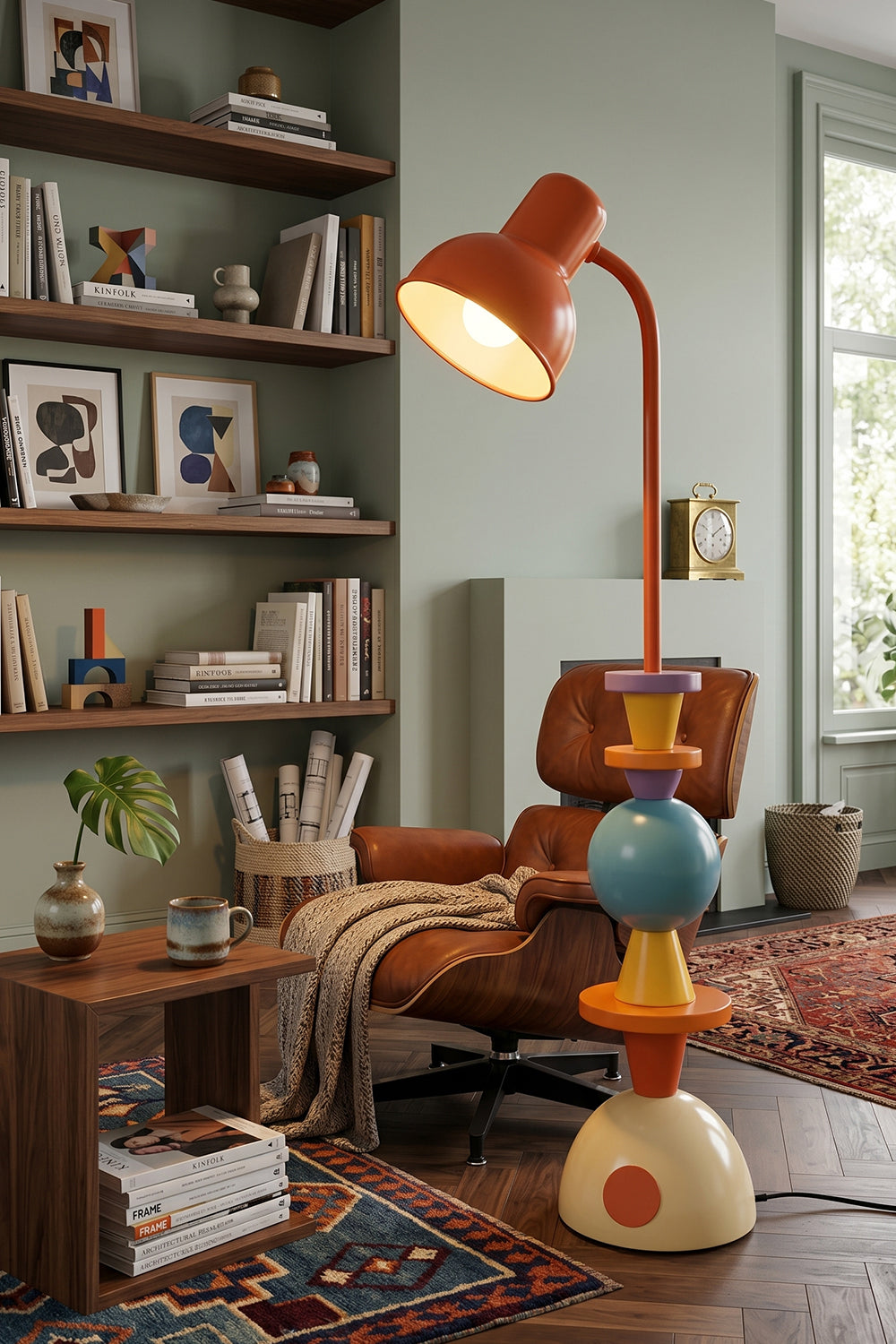 Tectonic Prism Metal Floor Lamp | Metal | Illuminating a cozy reading corner with a leather lounge chair and rustic shelving | Samu Lamp