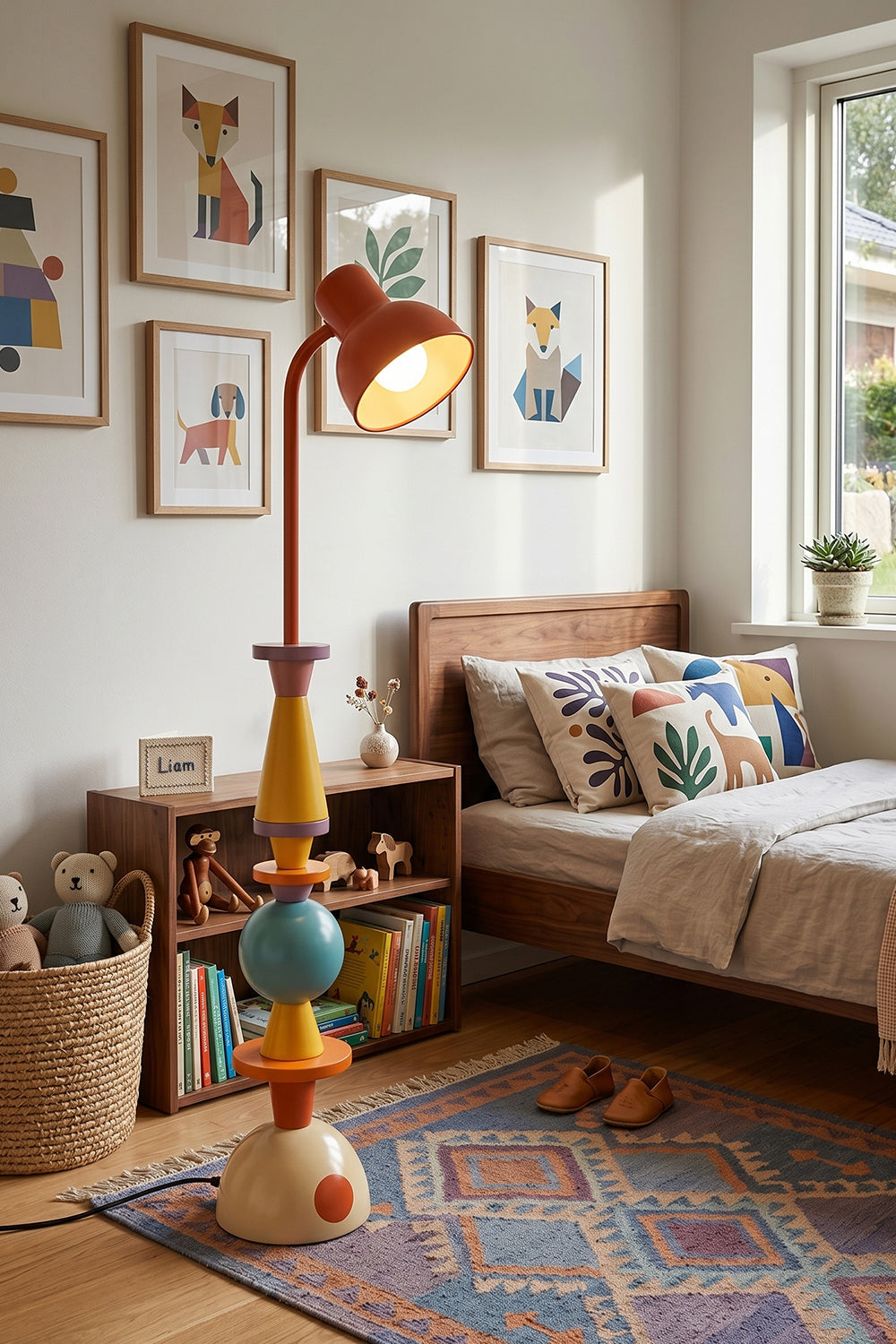 Tectonic Prism Metal Floor Lamp | Metal | Bedside lighting in a cozy bedroom with colorful textiles and framed art | Samu Lamp