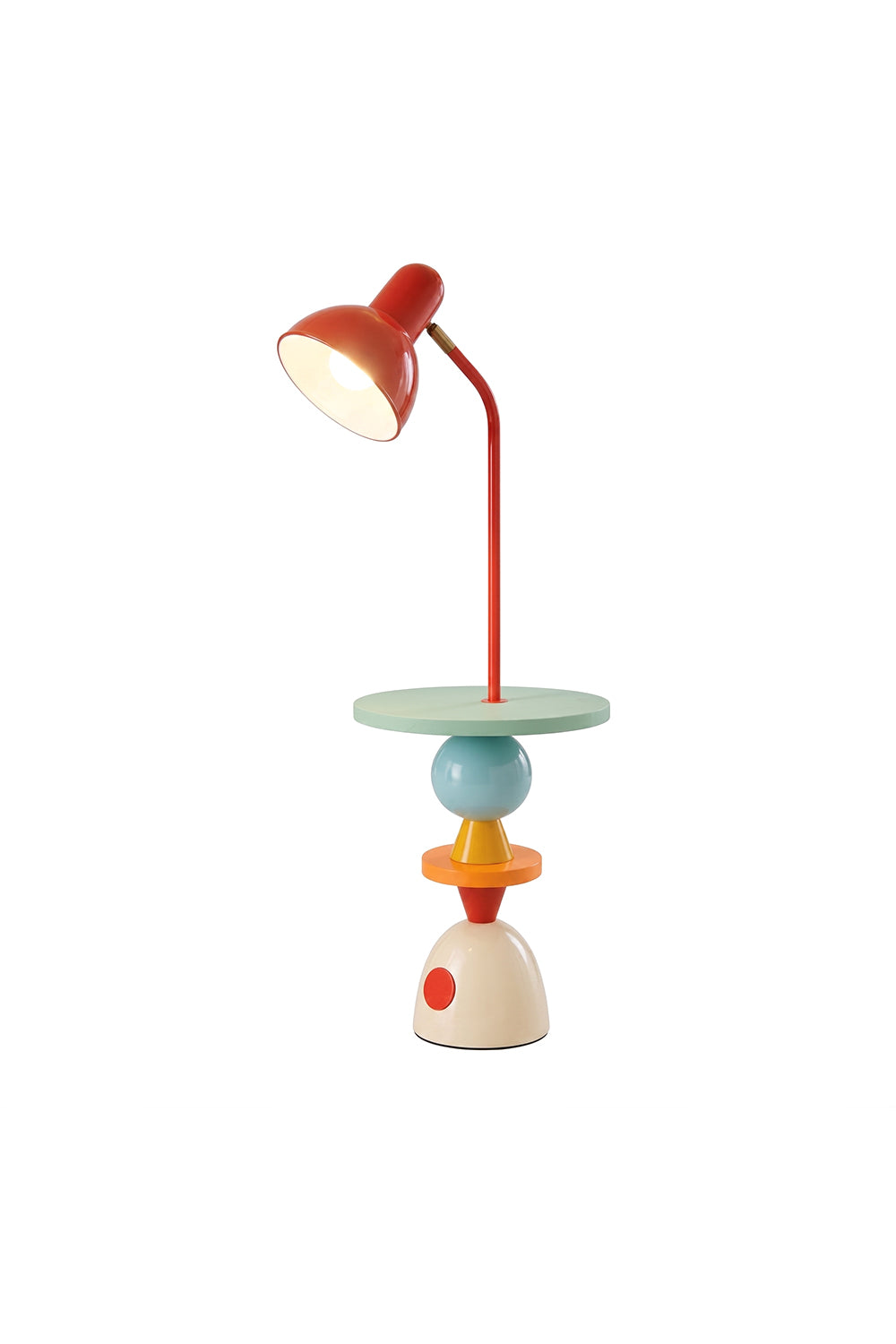 Tectonic Prism Metal Floor Lamp | Metal | Colorful geometric stacked base, red curved neck, warm glow | Isolated lit product shot on white background | Samu Lamp