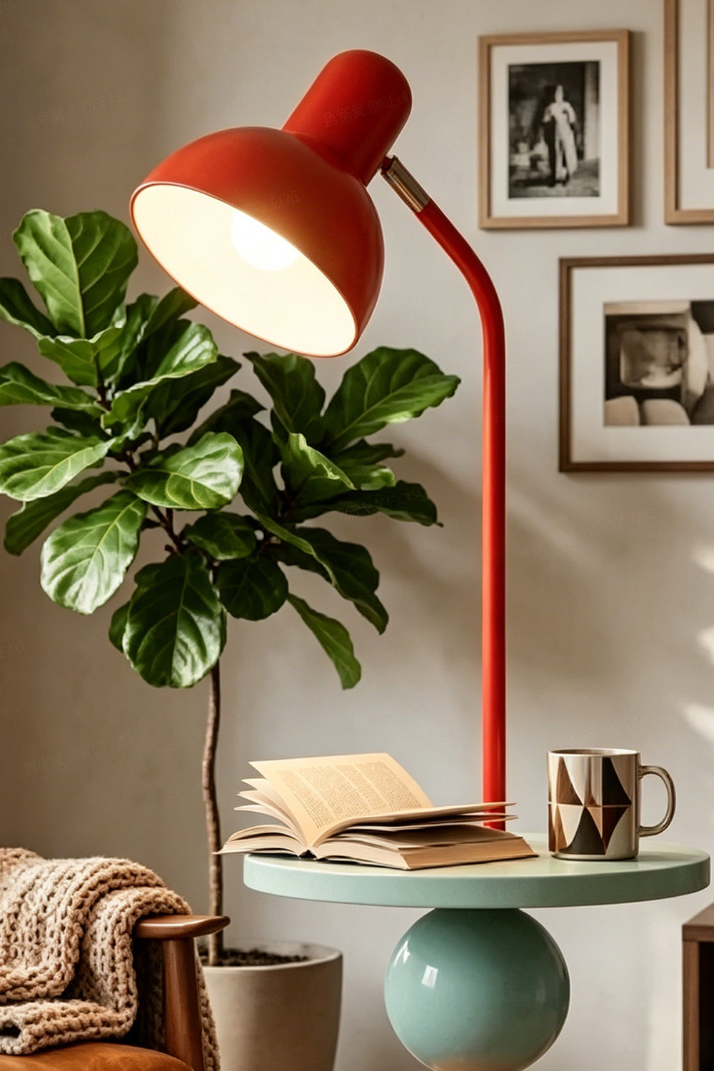 Tectonic Prism Metal Floor Lamp | Metal | Close-up showing the lamp's green tray table next to a potted plant | Samu Lamp