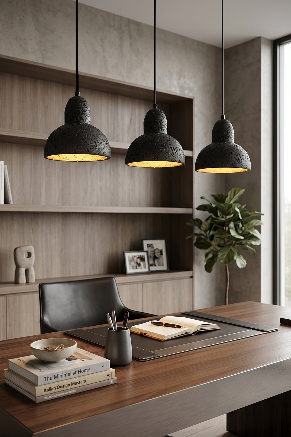 Tectonic Vein Travertine Pendant Light | Black Travertine, Metal | Desk lighting in modern home office | Samu Lamp