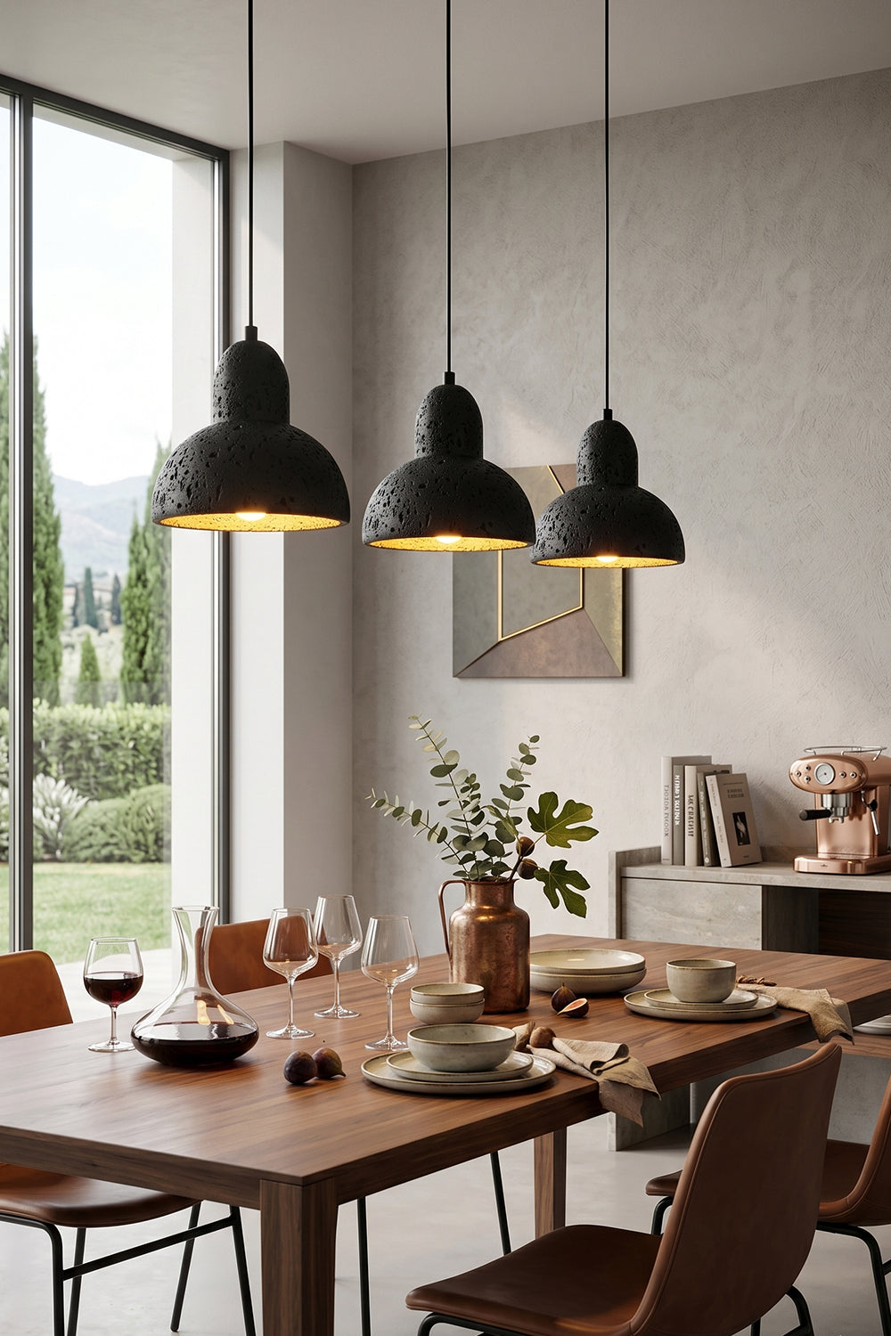 Three Black Travertine Pendant Lights | Black Travertine, Metal | Dining table arrangement in contemporary room | Samu Lamp