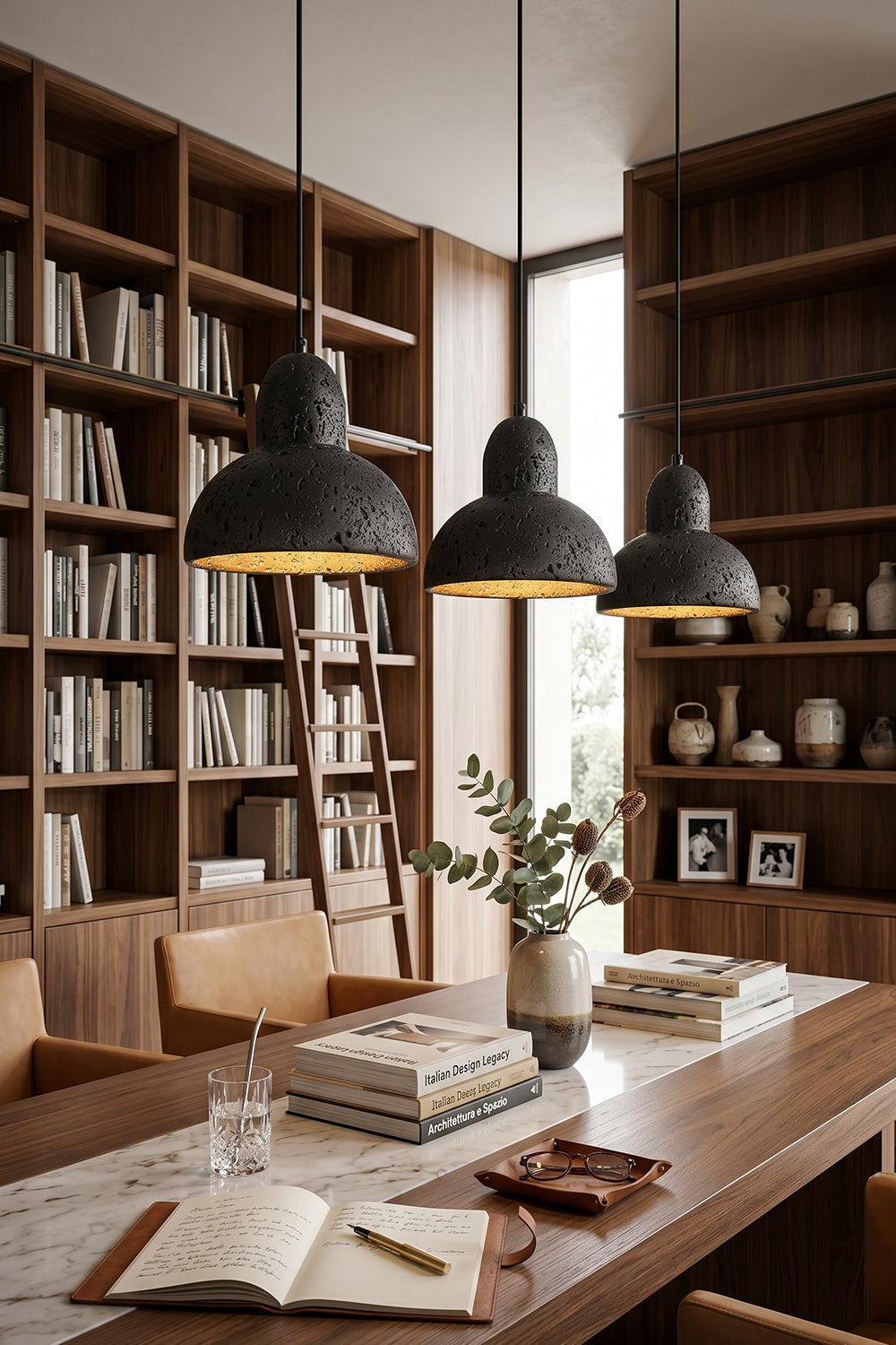Three Black Travertine Pendant Lights | Black Travertine, Metal | Meeting table lighting in traditional library | Samu Lamp