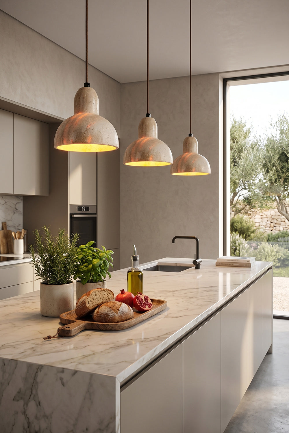 Two Beige Travertine Pendant Lights | Beige Travertine, Metal | Kitchen island lighting over marble counter | Samu Lamp