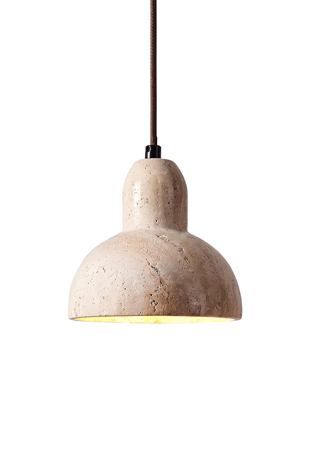 Tectonic Vein Travertine Pendant Light | Beige Travertine, Metal, Glass | Bell-shaped design, porous stone texture, gold leaf interior, downward glow | Isolated lit product shot | Samu Lamp