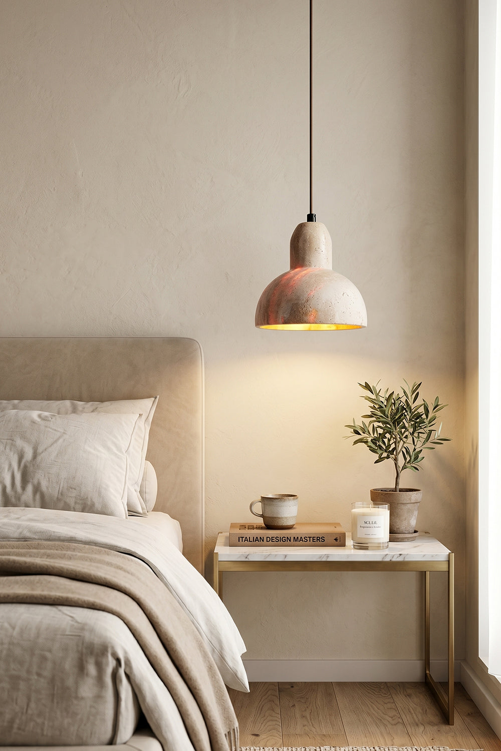 Tectonic Vein Travertine Pendant Light | Beige Travertine, Metal | Bedside lighting in neutral bedroom corner | Samu Lamp