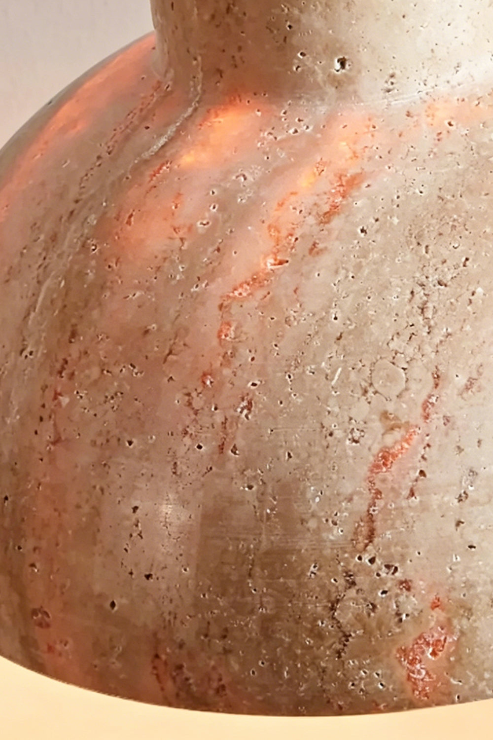 Tectonic Vein Travertine Detail | Pink Vein Travertine, Gold Metal | Close-up of colorful veining and gold rim | Samu Lamp