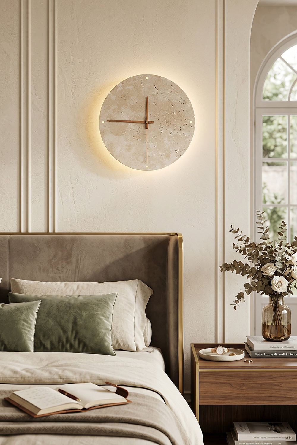 Temporal Epoch Wall Lamp | Travertine, Wood | Mounted above bed in an elegant bedroom | Ambient lighting | Samu Lamp