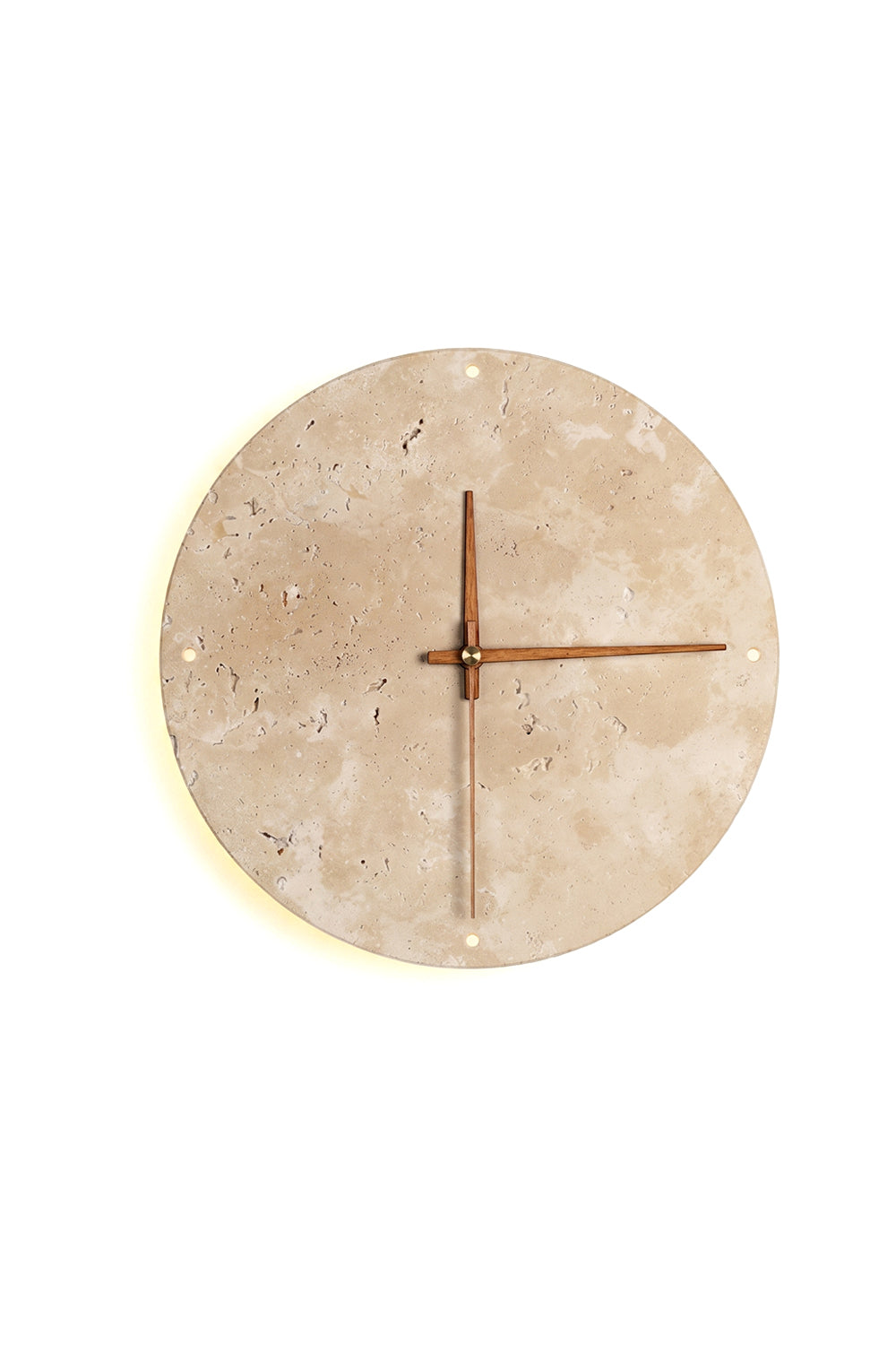 Temporal Epoch Wall Lamp | Travertine, Wood | Circular clock-inspired design with warm backlight | Isolated lit product shot | Samu Lamp