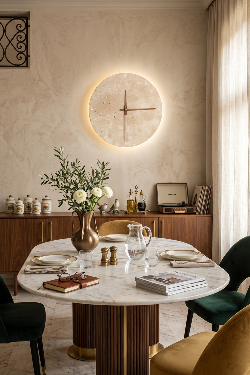 Temporal Epoch Wall Lamp | Travertine, Wood | Feature wall lighting in a contemporary dining room | Samu Lamp