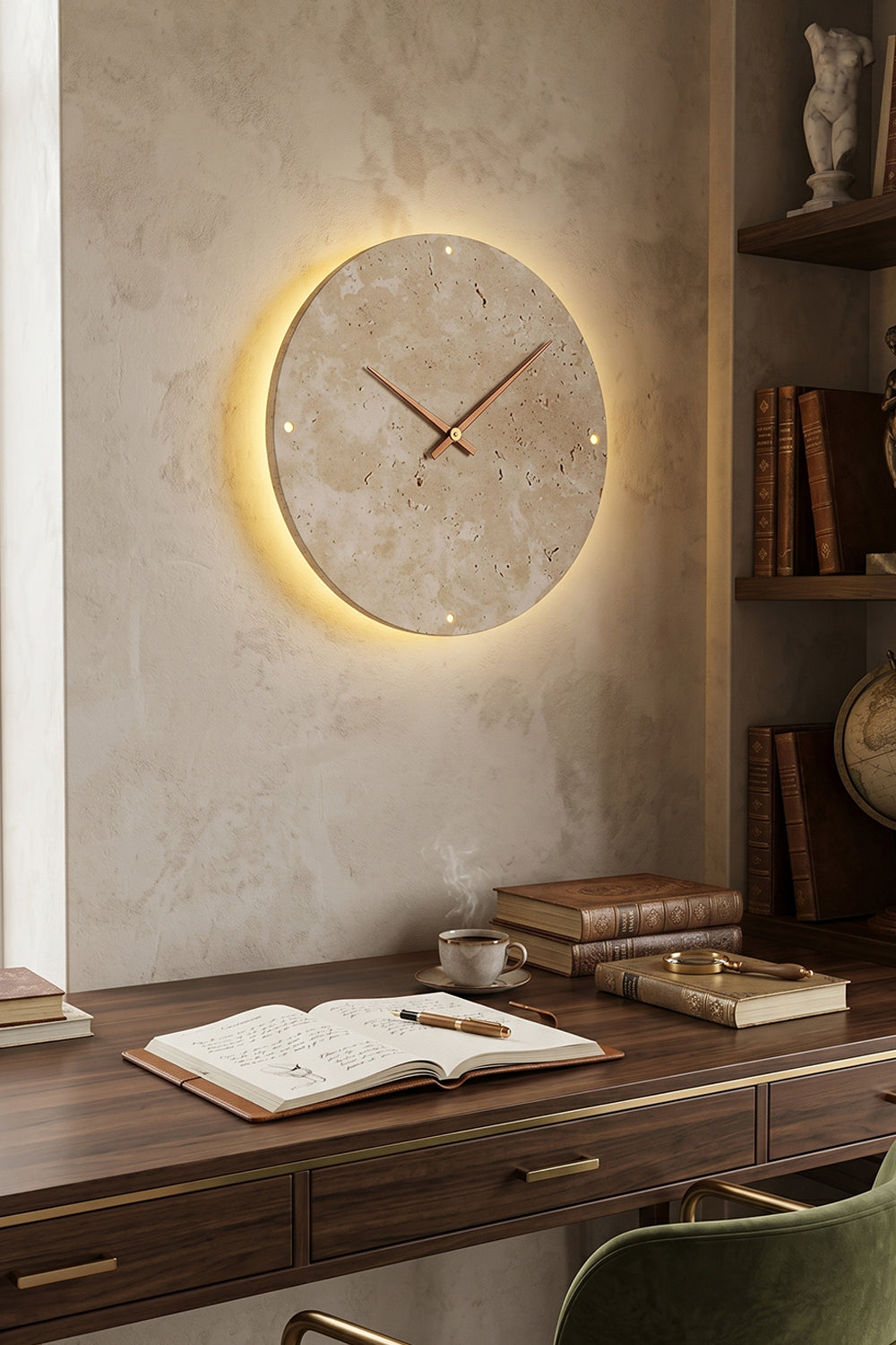 Temporal Epoch Wall Lamp | Travertine, Wood | Wall-mounted above a wooden desk in a classic study | Samu Lamp
