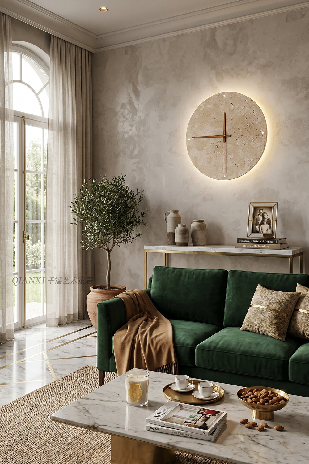 Temporal Epoch Wall Lamp | Travertine, Wood | Decorative wall light in a large living area with green sofa | Samu Lamp