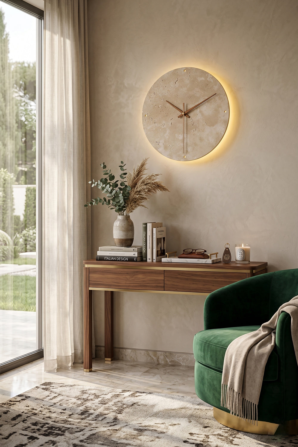 Temporal Epoch Wall Lamp | Travertine, Wood | Above a console table next to a large window | Interior scene | Samu Lamp