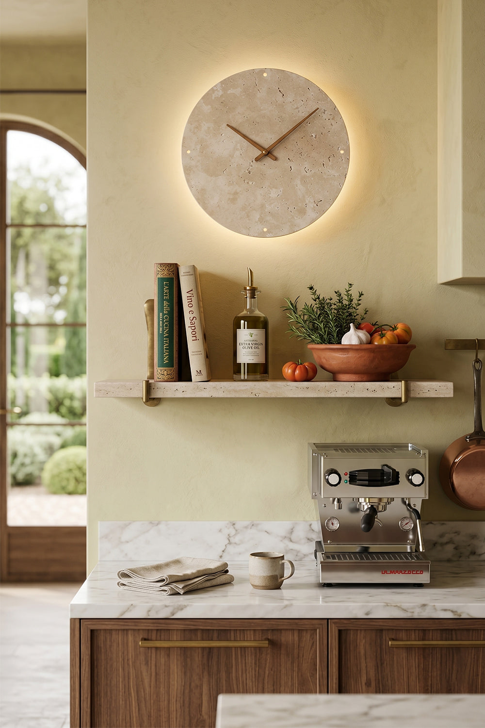 Temporal Epoch Wall Lamp | Travertine, Wood | Kitchen installation near shelves and espresso machine | Samu Lamp