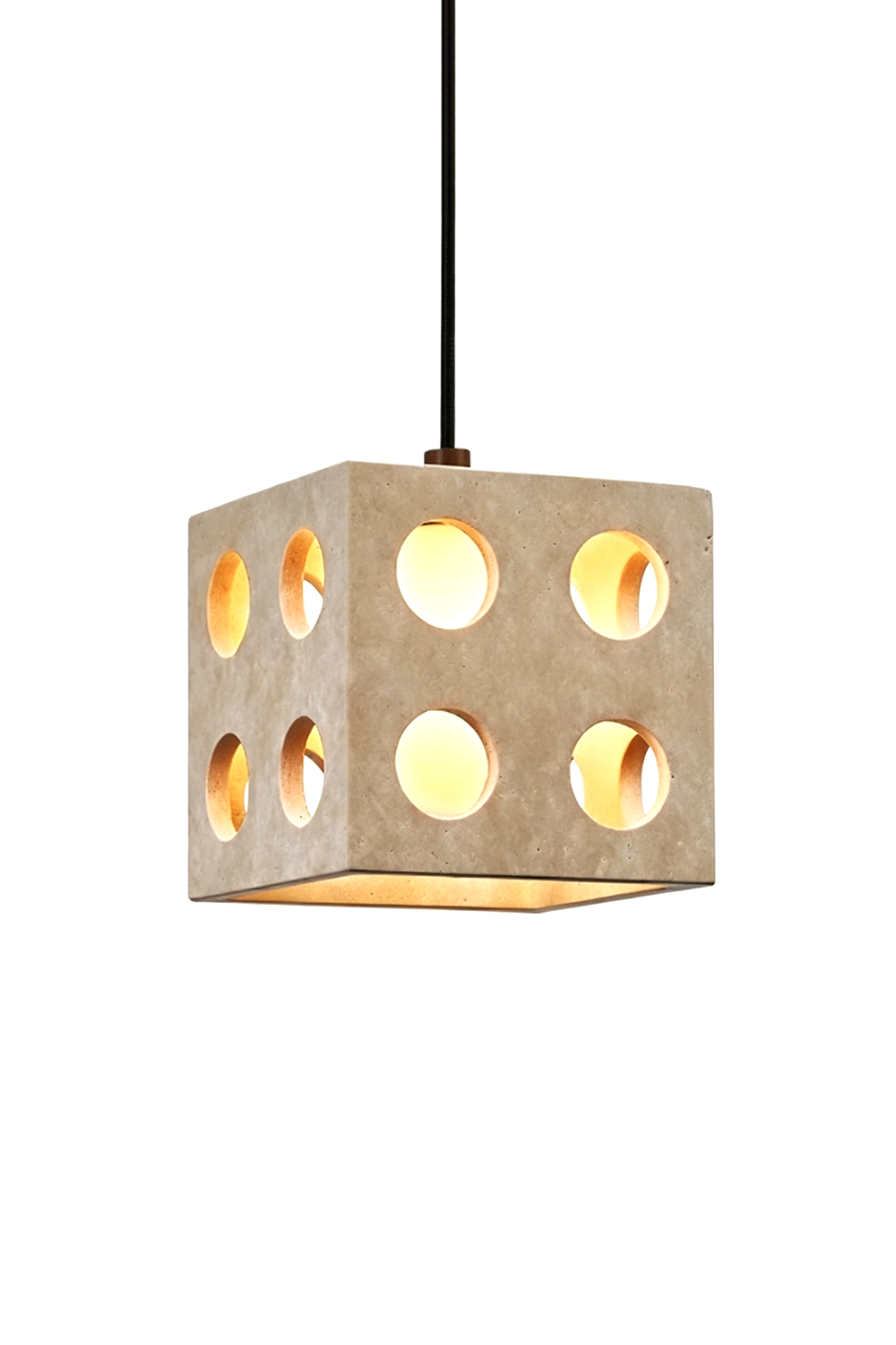 Terra Cube Travertine Pendant Light | Travertine, Metal | Circular cutouts with glass diffusers | Isolated lit product shot | Samu Lamp