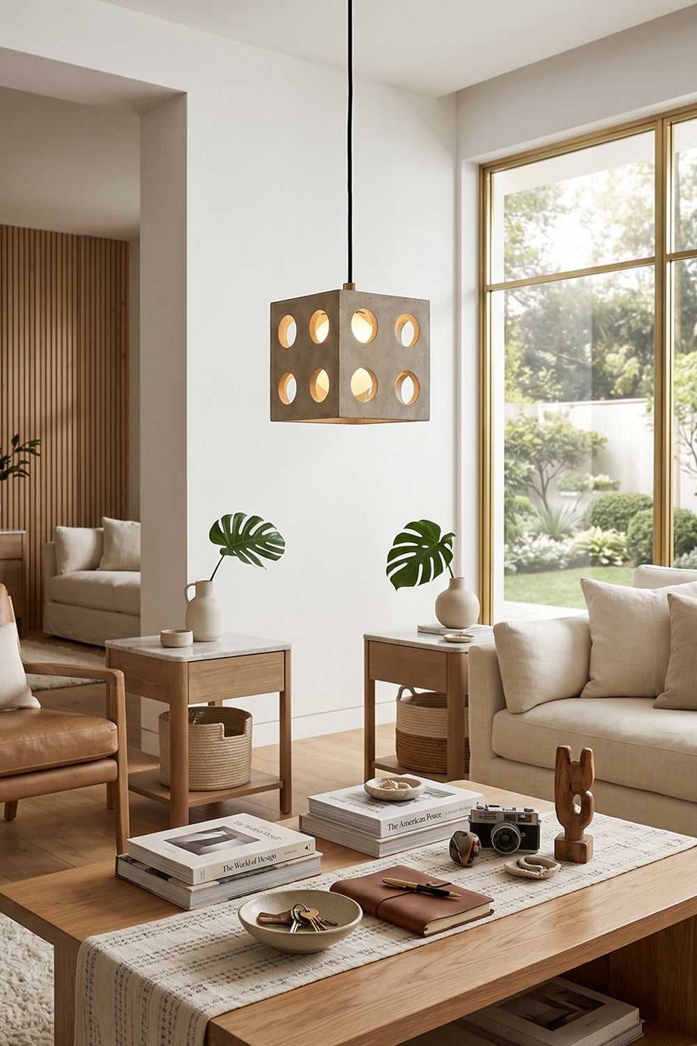 Terra Cube Travertine Pendant Light | Travertine, Metal | Above coffee table in living room interior | Samu Lamp