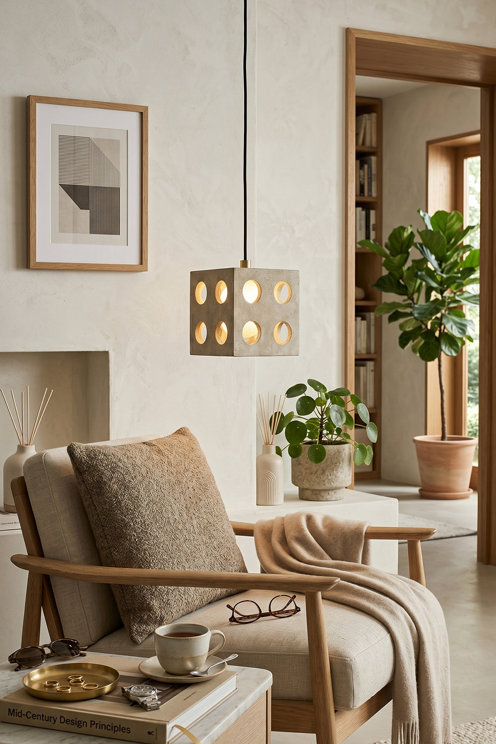 Terra Cube Travertine Pendant Light | Travertine, Metal | Bedside lighting in bedroom interior | Samu Lamp