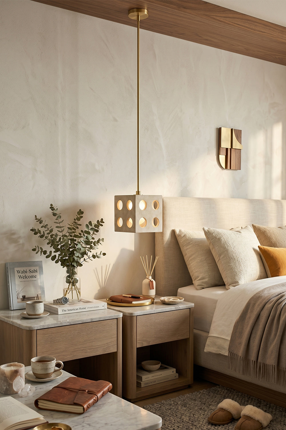 Terra Cube Travertine Pendant Lights | Travertine, Metal | View of multiple lights in open-plan living and dining interior | Samu Lamp