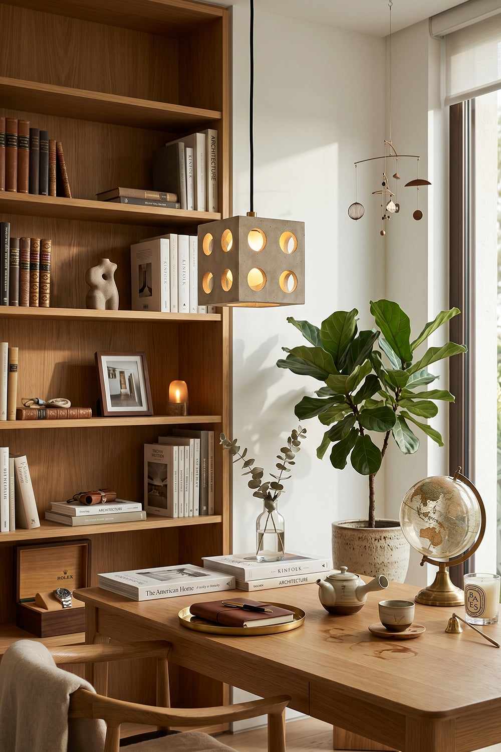 Terra Cube Travertine Pendant Light | Travertine, Metal | Above desk in home office interior | Samu Lamp