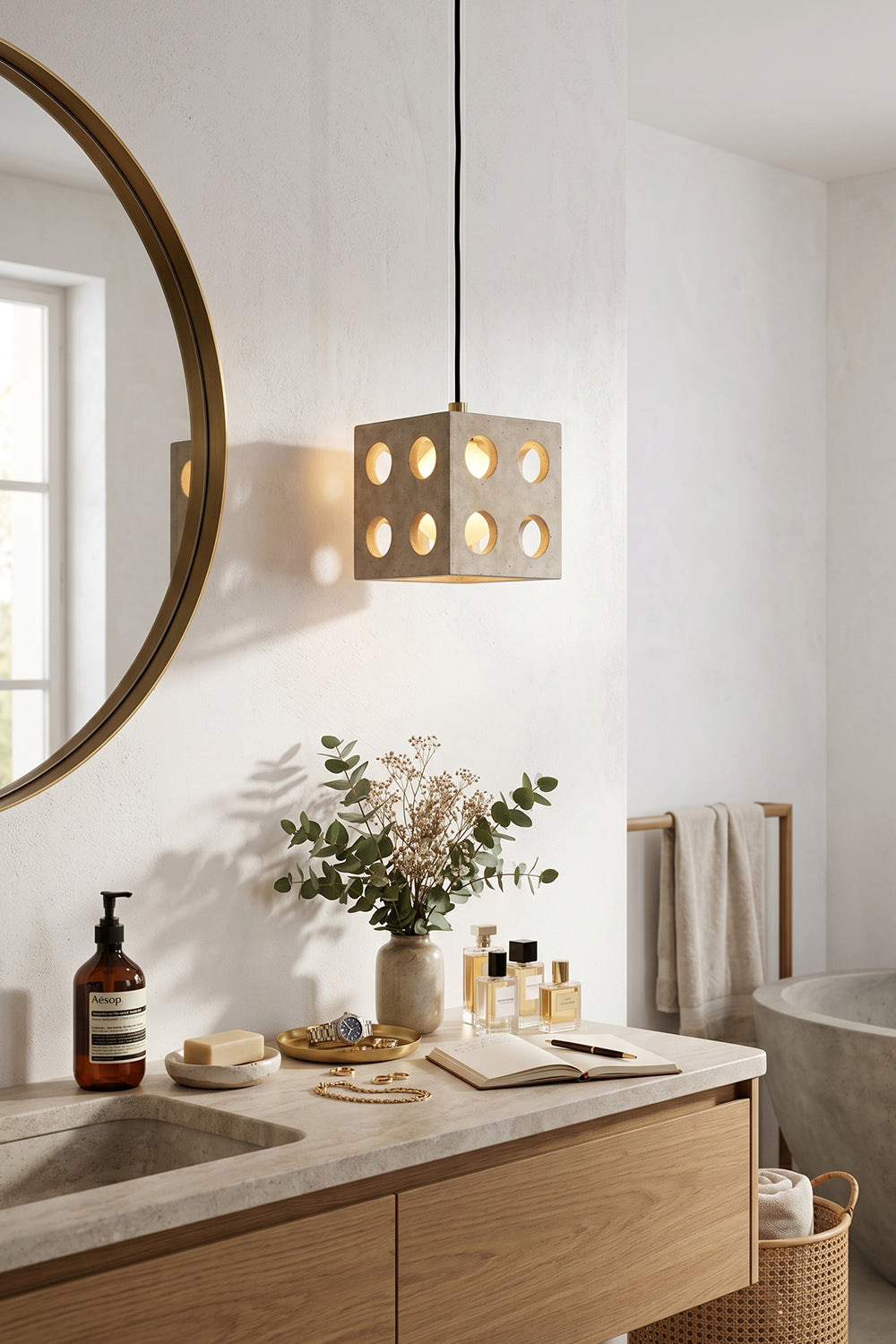 Terra Cube Travertine Pendant Light | Travertine, Metal | Above vanity in bathroom interior | Samu Lamp