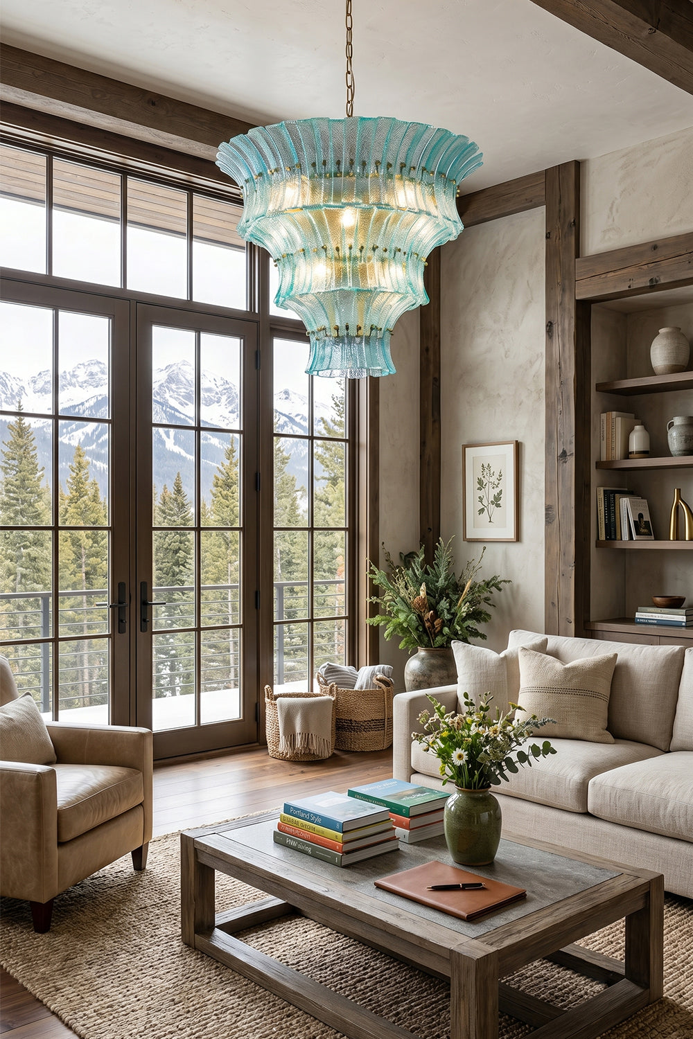 Thalassa Aquamarine Textured Glass Chandelier | Glass, Metal | Installed as a grand overhead lighting statement centerpiece in a mountain lodge living room with a cream sofa and high wood beams | Samu Lamp