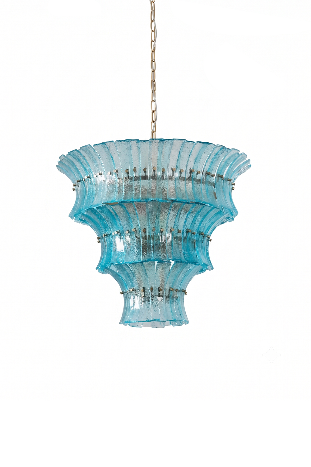 Thalassa Aquamarine Textured Glass Chandelier | Glass, Metal | Fully lit multi-tiered luxury chandelier featuring cascading curved aquamarine blue textured glass panels on a gold brass frame | Isolated shot on white background | Samu Lamp