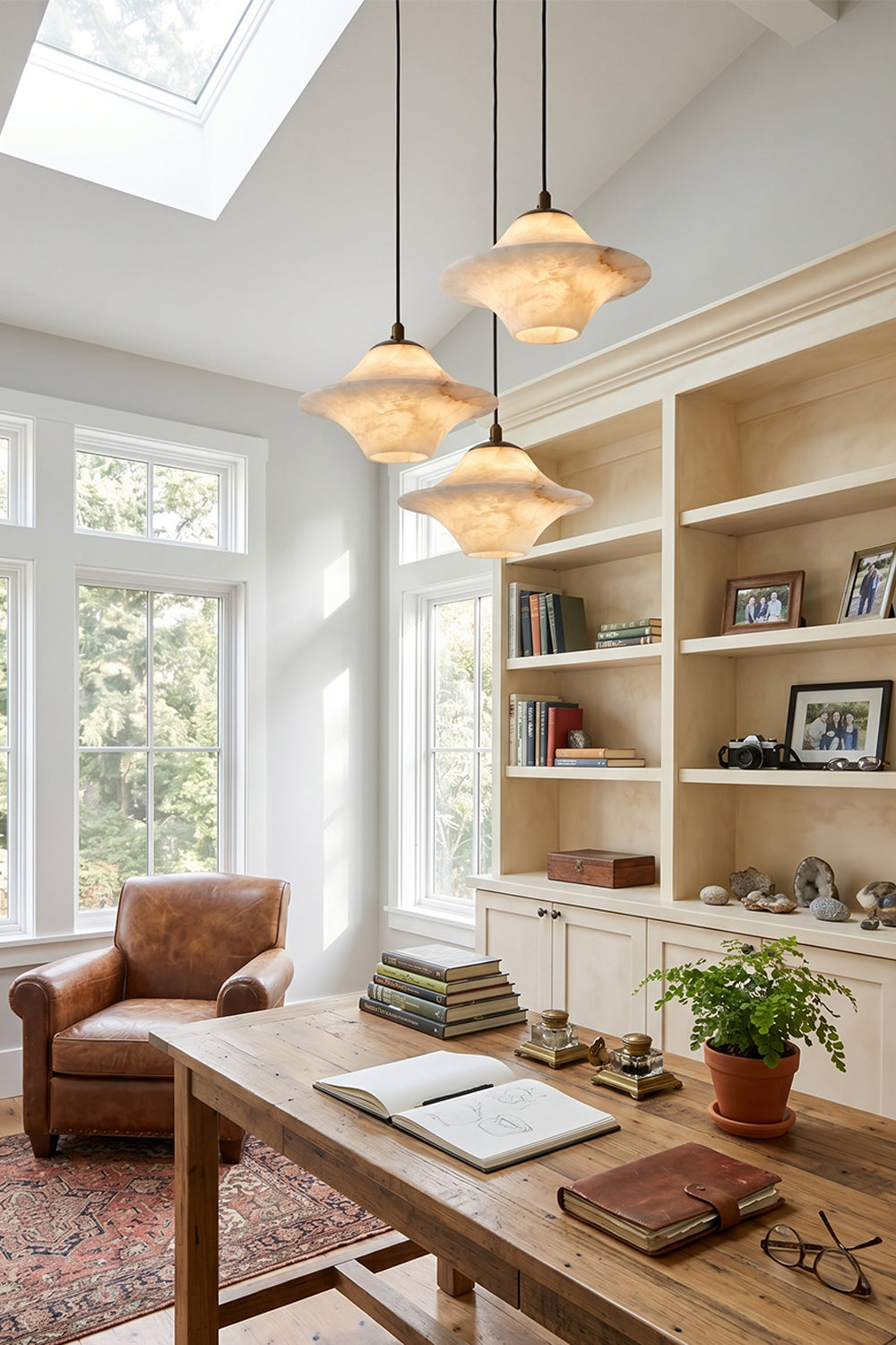 Thalia Alabaster Flared Pendant Light | Alabaster, Metal | A trio of lit alabaster flared pendant lamps hanging at staggered heights over a wooden desk in a bright home office with large built-in bookshelves | Samu Lamp