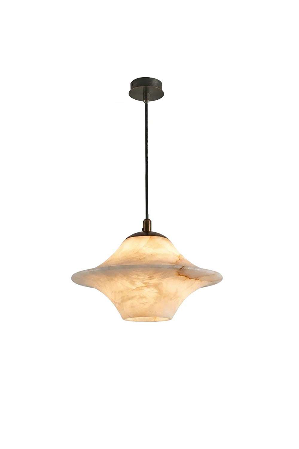 Thalia Alabaster Flared Pendant Light | Alabaster, Metal | Isolated lit view of a modern flared saucer-shaped pendant light featuring a natural white alabaster stone shade with warm organic veining and dark bronze hardware | White background | Samu Lamp