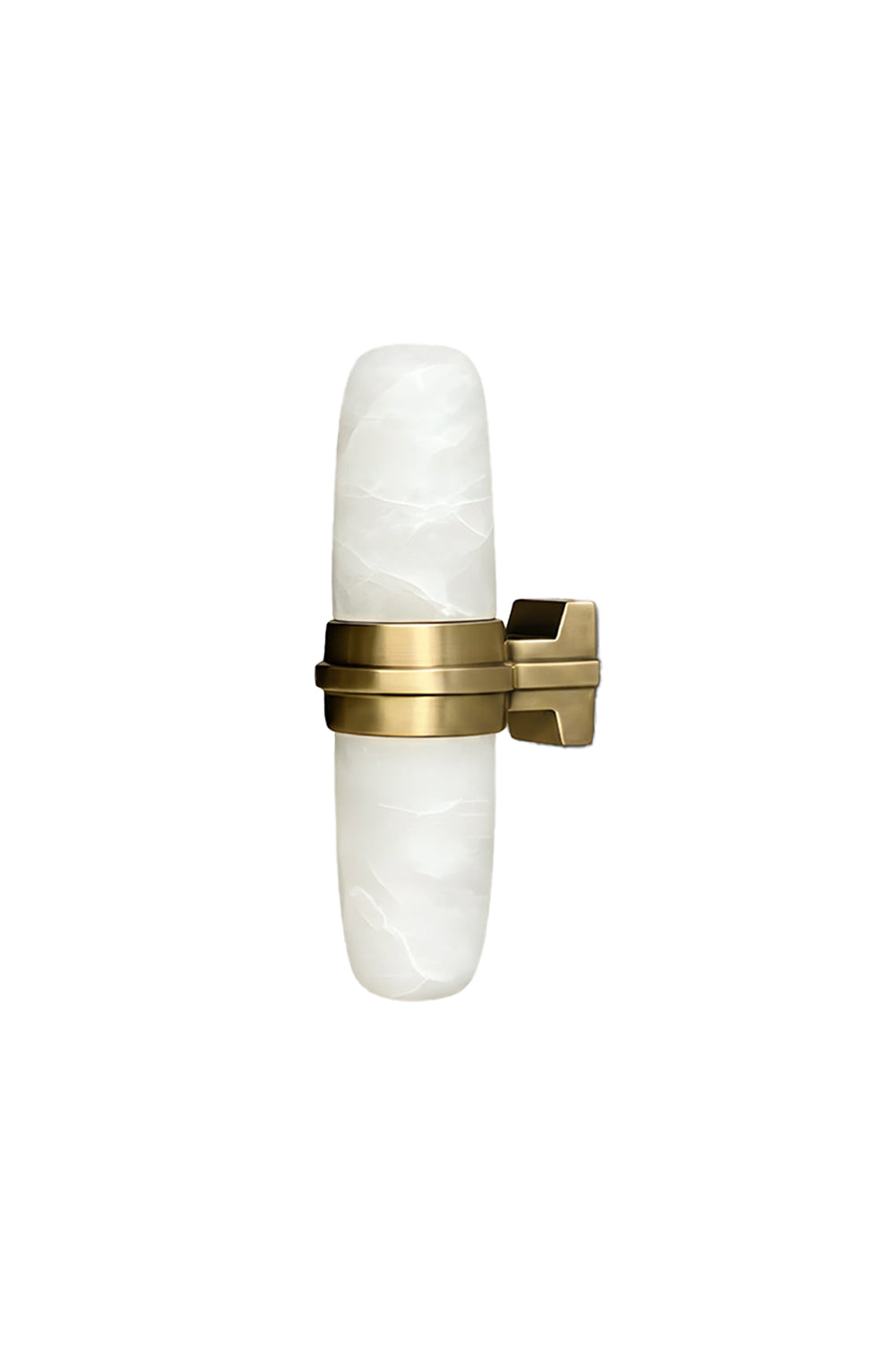 Theron Linear Alabaster Wall Lamp | Alabaster, Metal | Sleek linear capsule-shaped white alabaster wall sconce with a brushed gold brass central band fixture | Isolated product shot on white background | Samu Lamp